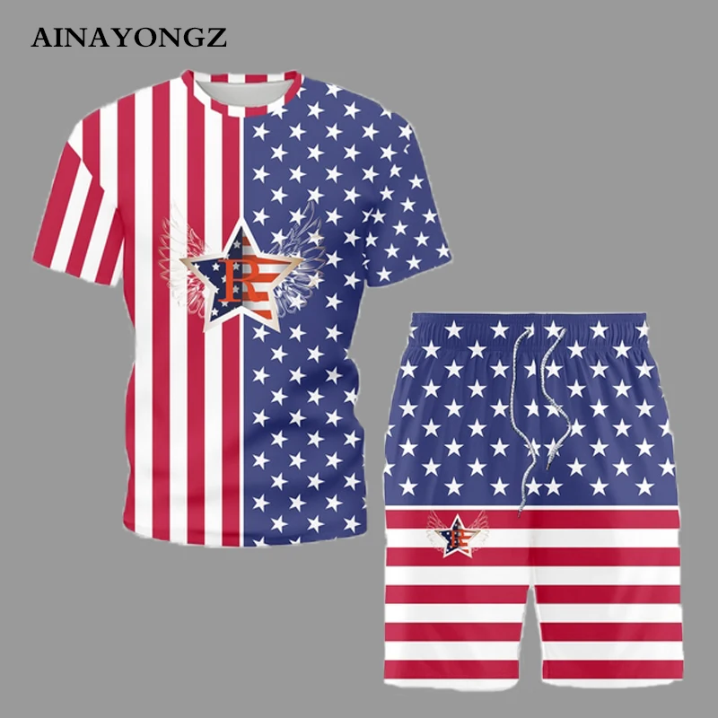 Костюм мужской летний из футболки и шортов с принтом флага США
