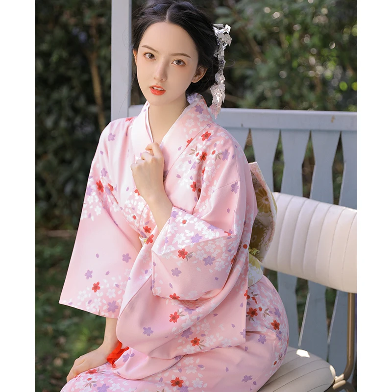 

Women's Japanese Traditional Kimono Pink Color Floral Prints Classic Yukata Performing Dress Cosplay Wear Sleeping Robe