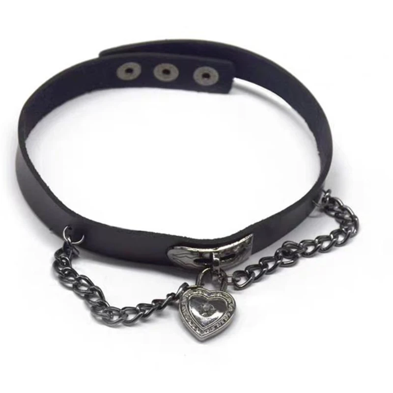 

Adjustable Leather Choker Punk Collarbone Chain Necklace Sexy Costume Accessories with Heart Peach Lock for Women