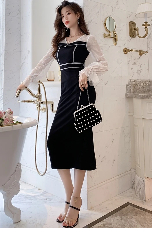 

COIGARSAM Sexy Patchwork Women dress New Summer Polka Dot Mesh Dresses Black 333