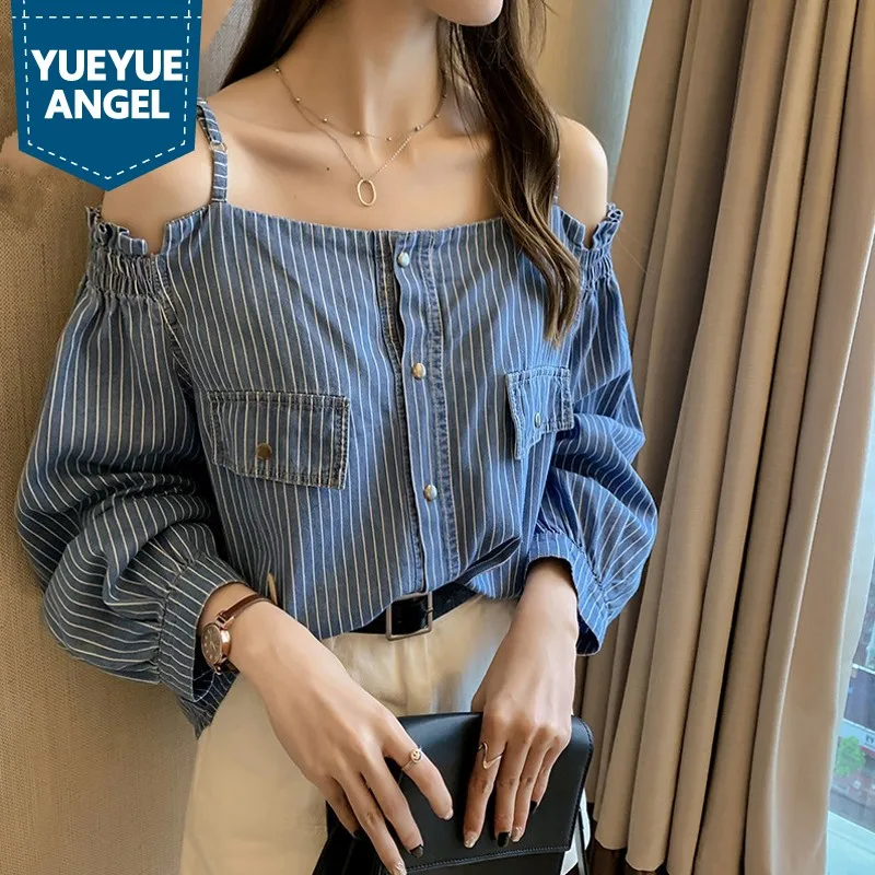 

Slash Neck Denim Shirt Office Lady Single-Breasted Adjustable Camis Design Striped Loose Jean Blouse Women Summer Elegant Tops