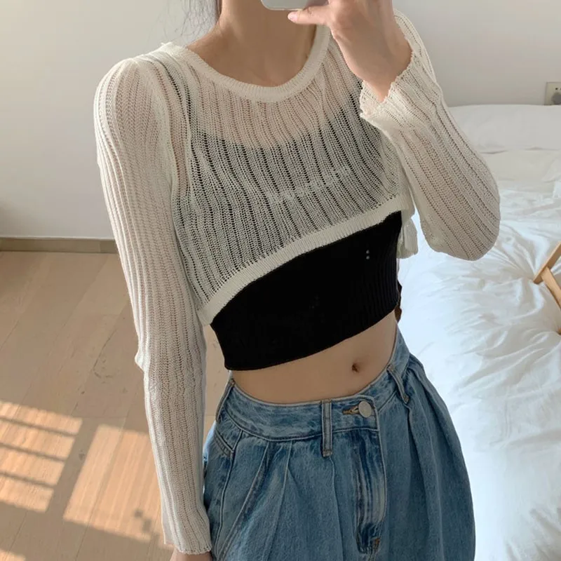 

Women's T-Shirts Scheming Hollow Thin Section See-through Long-sleeved Sunscreen T-shirt Navel Knit Tees Tops W1