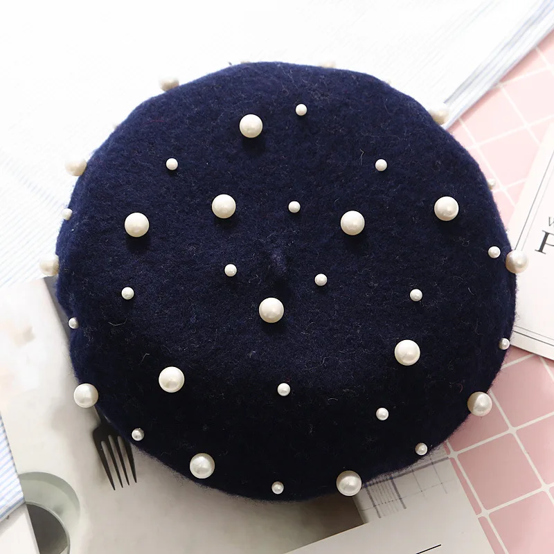 

Wool Women Winter Beret Deluxe Pearl Rivets Vintage Cashmere Women Warm Fashion Beret Cap Girl Flat Cap Beret Woman