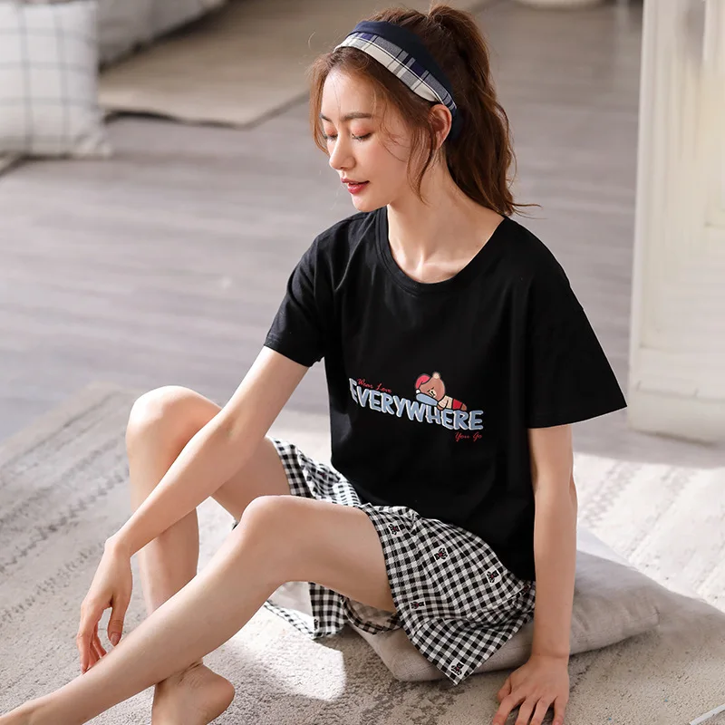 

Ladies Summer Thin Cotton Pajamas Short Sleeve Shorts Casual Home Wear Women Plus Size Plaid Korean Suit Letter Print Pajama Set