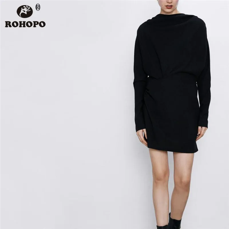 ROHOPO с длинным рукавом черное платье длиной выше колена элегантная драпировка