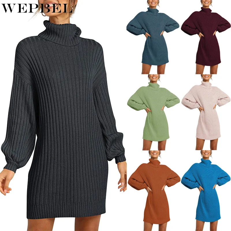 

WEPBEL Women's Winter Thick Knitted Pullover Sweater Dress Top Ladies Fashion Warm Long Lantern Sleeve Turtleneck Knitwear