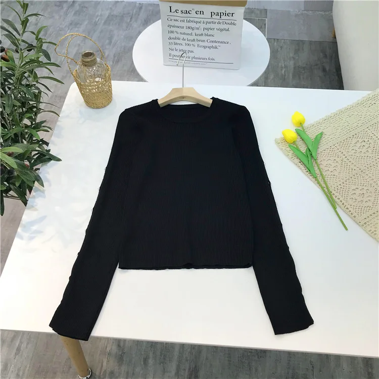 

TVVOVVIN Stylish Round Neck Slim Beading All-match Sweater Black Long Sleeve Knitting Pullover Tops Spring New 3W4J