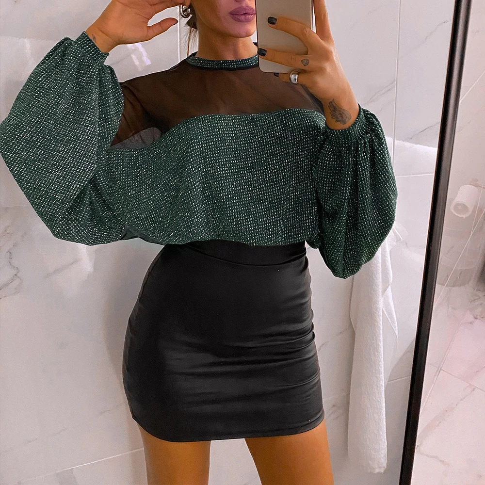 Сетчатая Лоскутная блуза рубашка Женская 2020 Весна Длинный рукав-фонарик