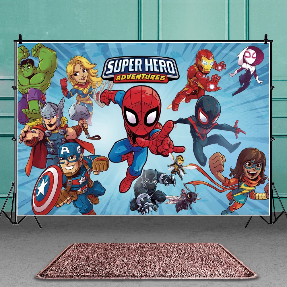 Fondo de cumplea&ntilde;os de Los Vengadores para ni&ntilde;os, tel&oacute;n de fondo de tela de superh&eacute;roes para beb&eacute;s, decoraciones de fiesta, fotograf&iacute;a personalizada, p&oacute;ster, fotos-0