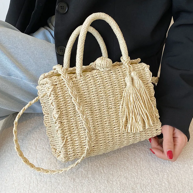 

Tassel Design Straw Bags for Women Handmake Weave Shoulder Bag Travel Beach Tote Handbag Female Rattan Box Shape Crossbody Bag