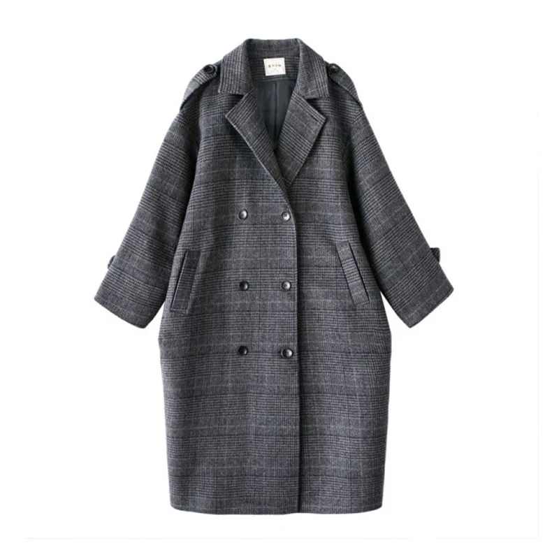 Женское длинное шерстяное пальто в клетку простое двубортное свободное нежное