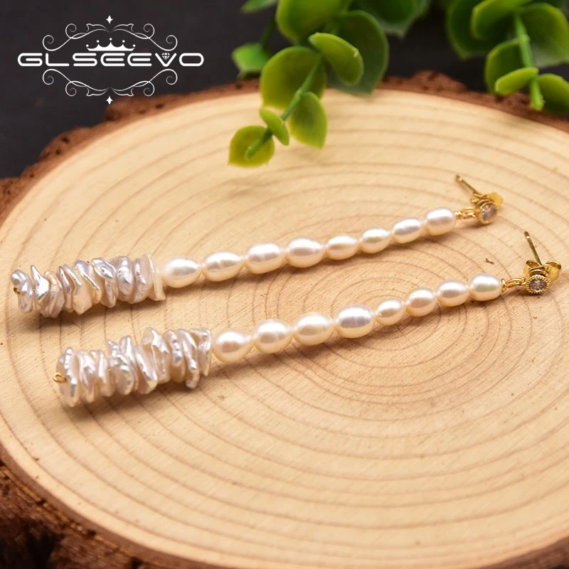 

GLSEEVO Natural Freshwater Pearl Tassel Earrings Woman Vertical Simple Earrings S925 Silver Needle Boutique Earrings GE1051