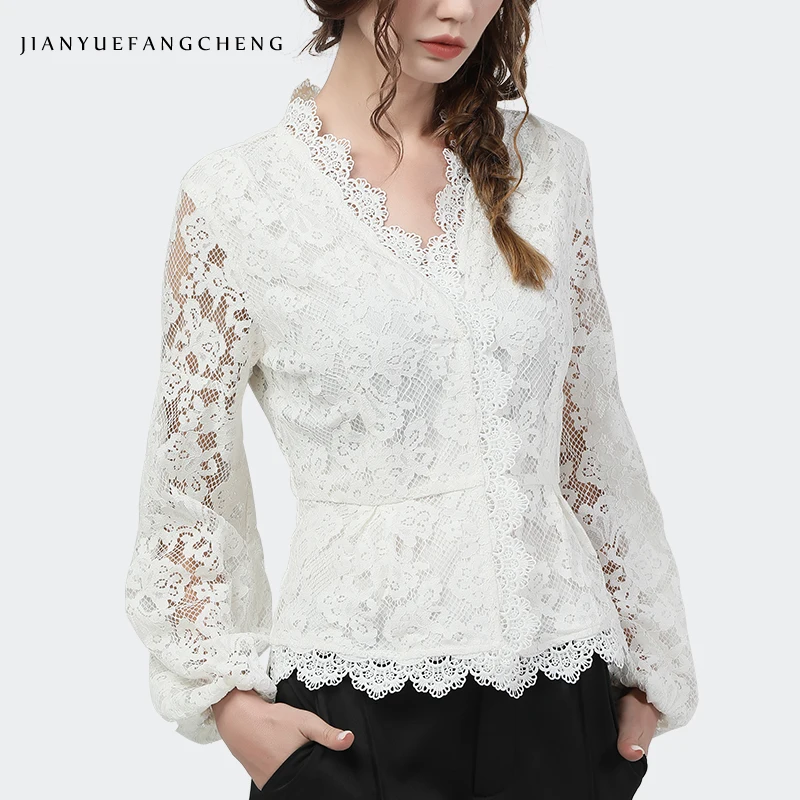 Women Lace Blouses Close-fitting Tops Long Sleeve V-Neck Hollow Out Hook Floral Solid Color Elegant Vintage Ladies Casual Shirts | Женская