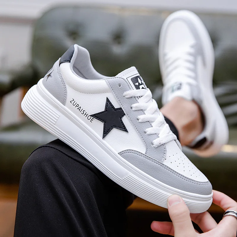 

Brand New Men Leather Casual Shoes Spring Fashion Star Patchwork Cool Comfortable Flat Shoes Trend Footwear Sneakers 3 Colors