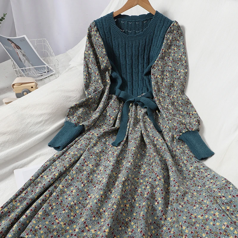 

NEW Corduroy Floral Women Dresses Vintage Knitted Patchwork Vestidos De Mujer 2021 Sweet Korean Long Dress A-line dress women