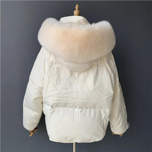 Cream match fox fur MAOMAOFUR женский пуховик на утином пуху, зима, Модная стильная Толстая парка с воротником из натурального меха, теплая верхняя одежда на белом утином пуху - Цвет: Cream match fox fur