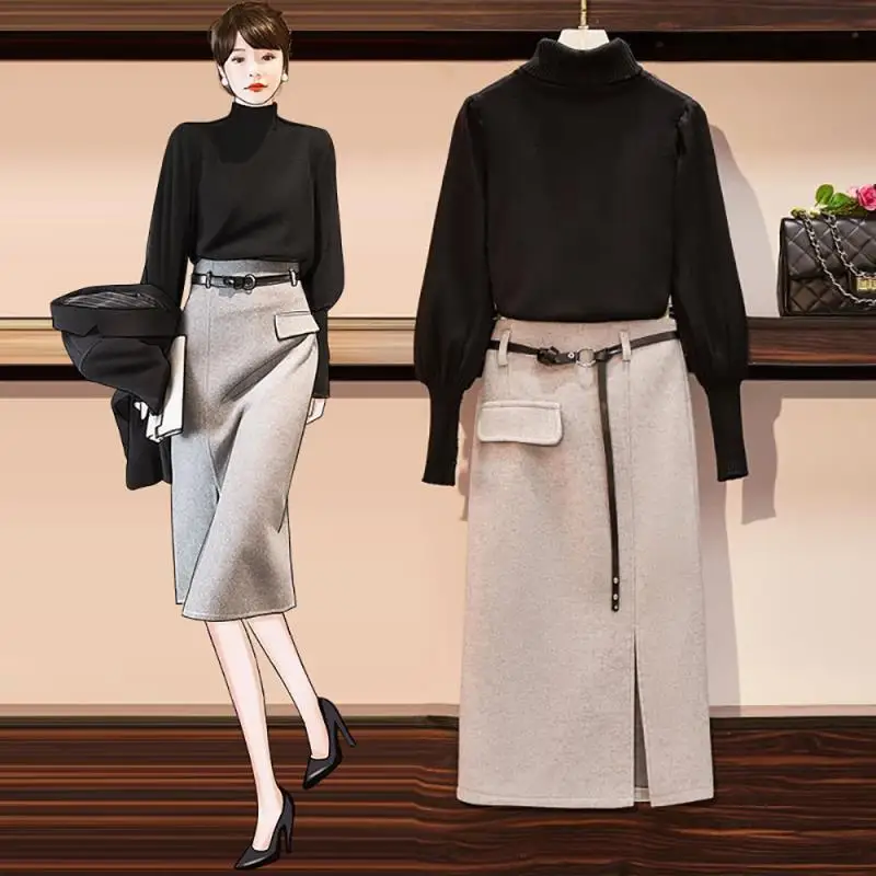 

Turtleneck Pullover Sweater and Woolen Skirt 2 Piece Set Fall Winter Knitted Jumper Tops Button A-line Mini Skirt Suits Y273
