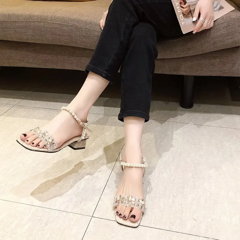 

Pearl Sandals Comfort Shoes for Women High Heels Med Espadrilles Platform 2021 Summer Suit Female Beige Buckle Strap High-heeled