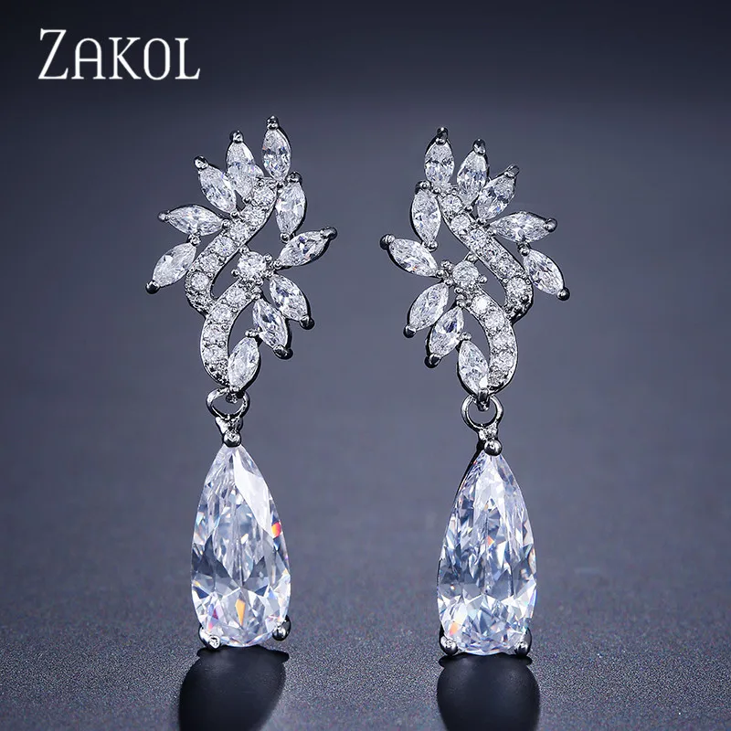 ZAKOL Новое поступление модные серьги в форме капли воды AAA CZ великолепный дизайн