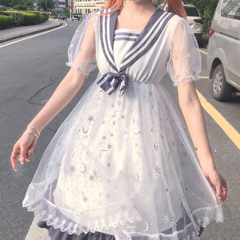 

2021 Sweet Japanese Soft Girly Lolita Dress Summer New Cute Sailor Collar Bow Kawaii Puff Sleeve Vintage Lace Gauze Ruffle Dress