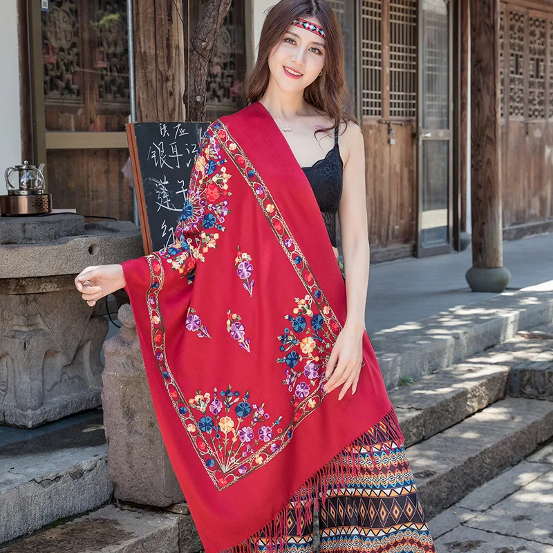 Женская зимняя кашемировая шаль с ручной вышивкой и цветочным принтом двойного