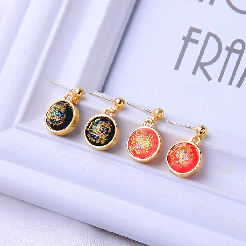 Богемные серьги подвески ручной работы черные/оранжевые круглые из смолы для