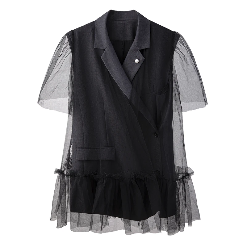 

[DEAT] New Spring Fashion Black Stitched Mesh Top For Women Ruffles Hem V-neck Collar Short Sleeve T-shirt 2021 Summer GX1213