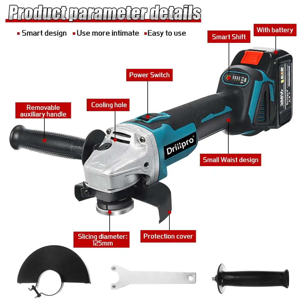 Drillpro 125MM Brushless Electric Angle Grinder DIY Cutting Machine With Lithium-Ion Battery Power Tool for Makita 18V |