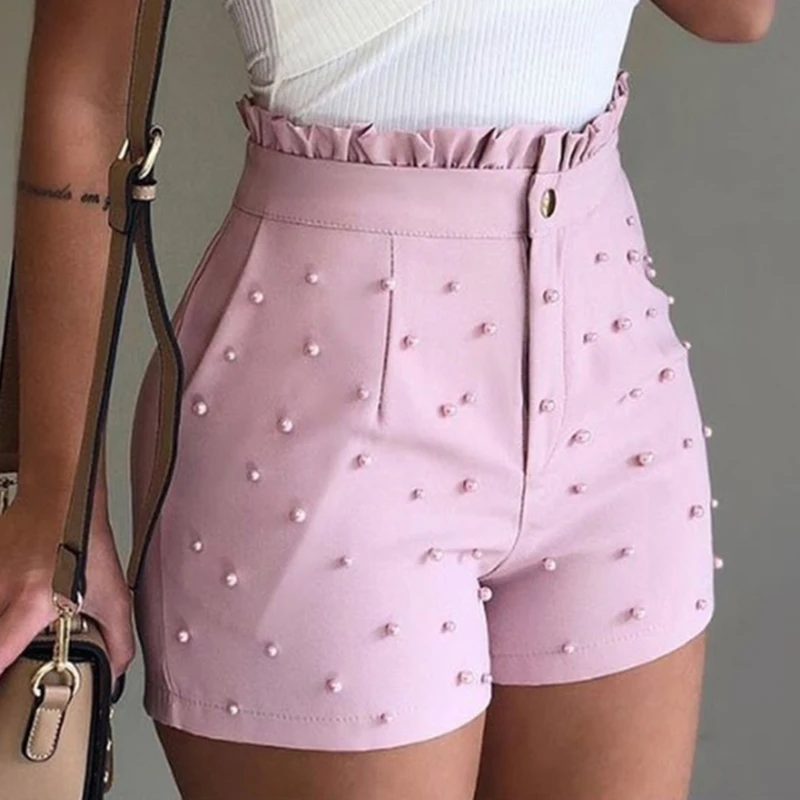 

2021 New Fashion Solid Color High Waist Button Ruffled Beaded Summer Women Shorts Button Ruffled Beaded Summer Women Shorts