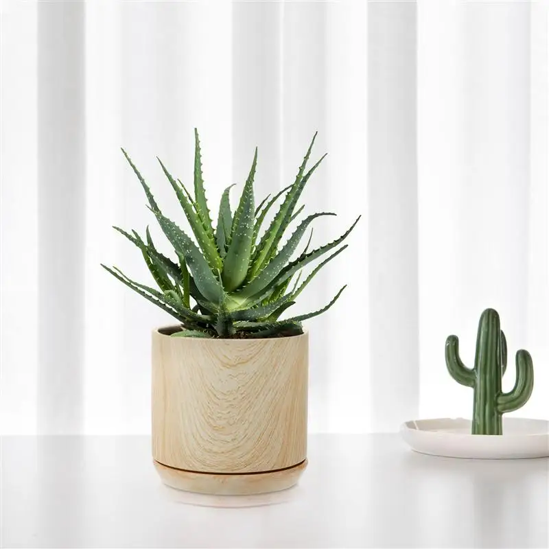 

1pc Flower Pot Plant Pot Macetas Macetero Wood Texture Succulent Plant Pots Ceramic Planter Desktop Flowerpot With Tray