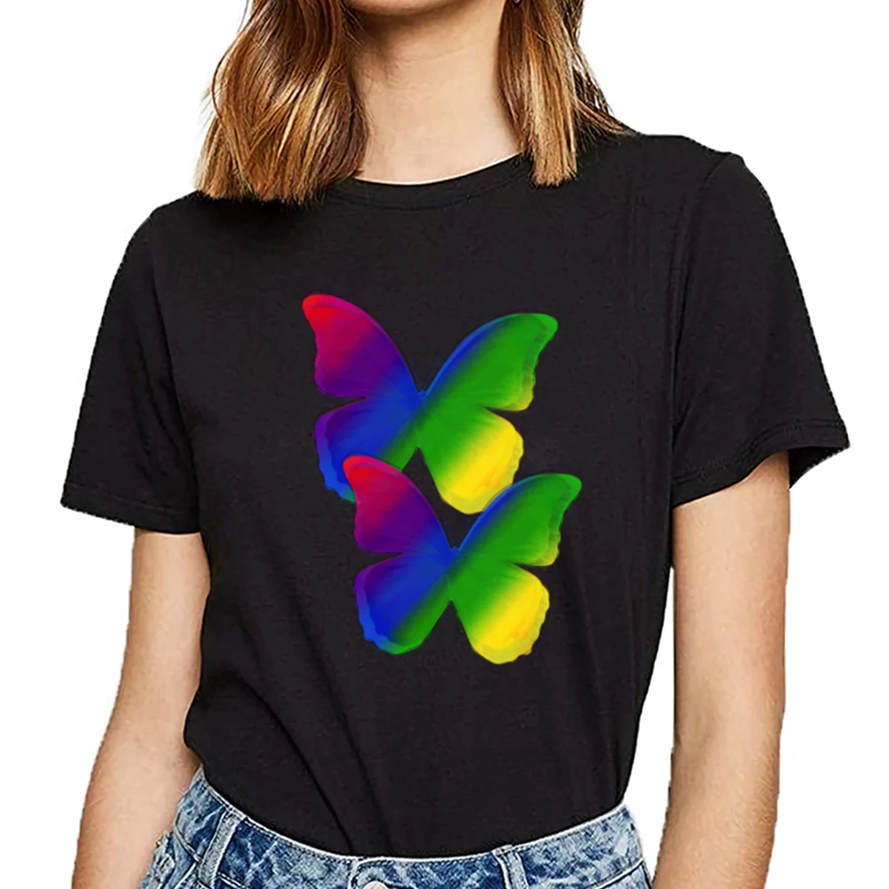 Tops T Shirt Women rainbow butterflyes Basic Black Custom Female Tshirt