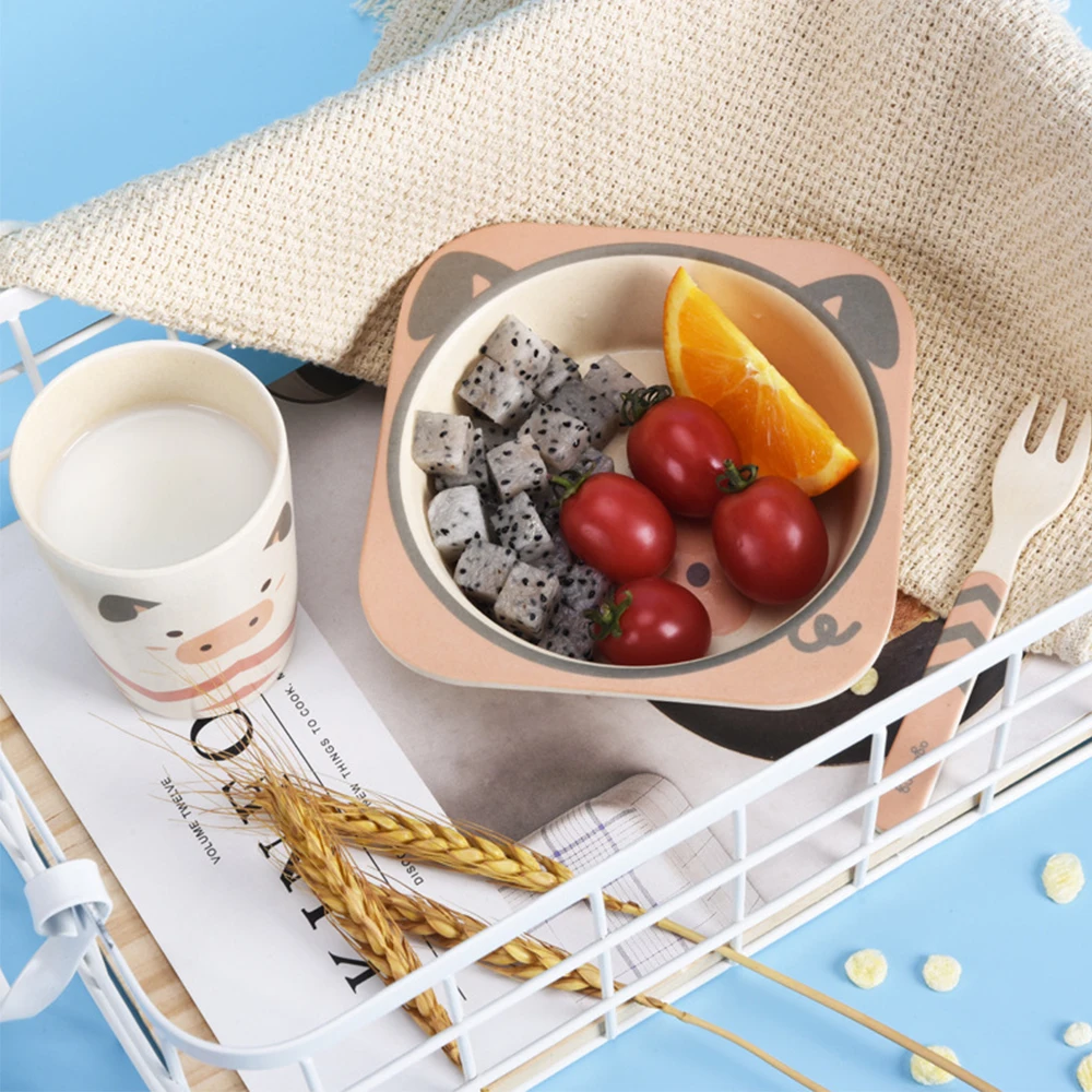 Бамбуковая посуда детская вилка чашка ложка тарелка с животными мультяшная 5 шт. |