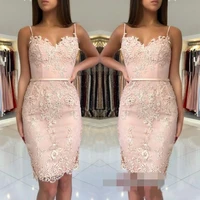 2022 cheap blush pink homecoming dresses lace appliques short mini spaghetti straps sashes sheath sweetheart party graduation