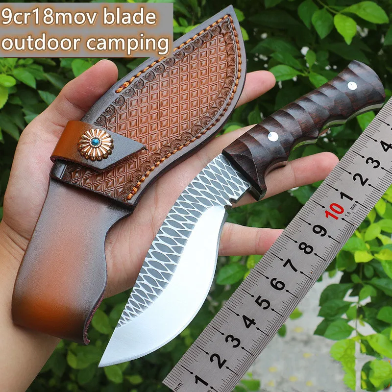 

Outdoor High Hardness 9Cr18 Blade Red Sandalwood Handle Straight Knife Cow Leather Portable Survival Camping Edc Tactical Knife