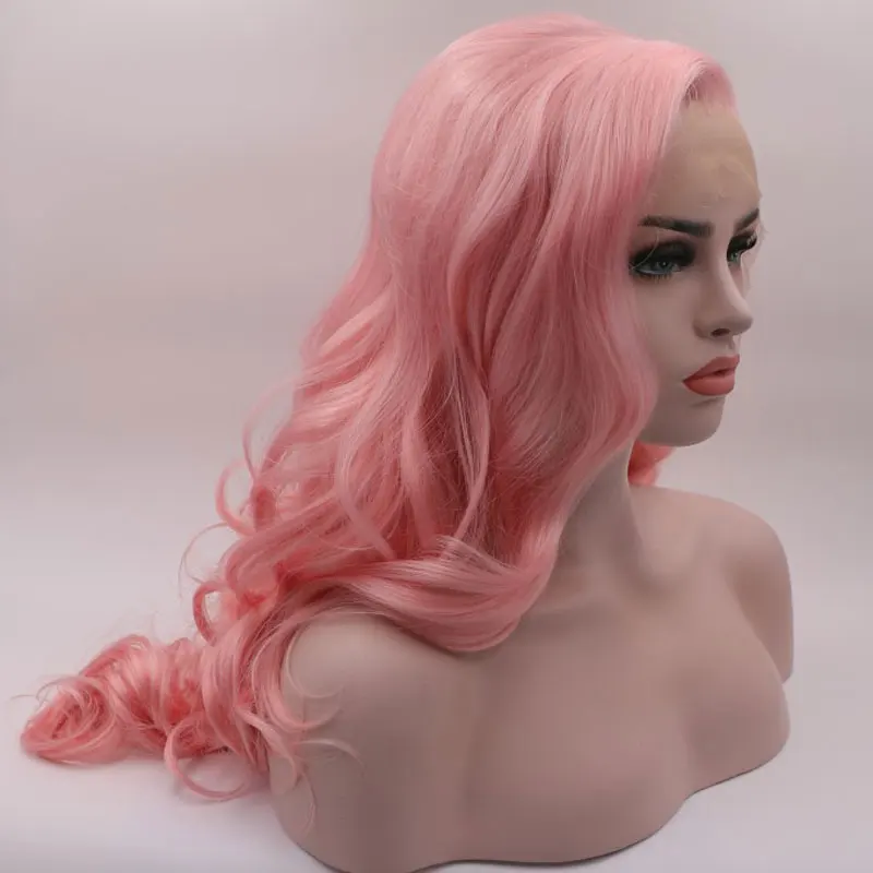 BM Synthetic 13*3 Lace Front Wig Pink Layered Body Wave Heat Resistant Fiber Hair Natural Hairline With Bangs For Women Wigs