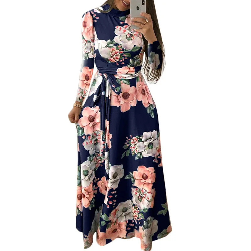

2021 New Women Spring Autumn Long Dress Casual Long Sleeve Boho Floral Print Maxi Dress Turtleneck Bandage Elegant Party Dresses