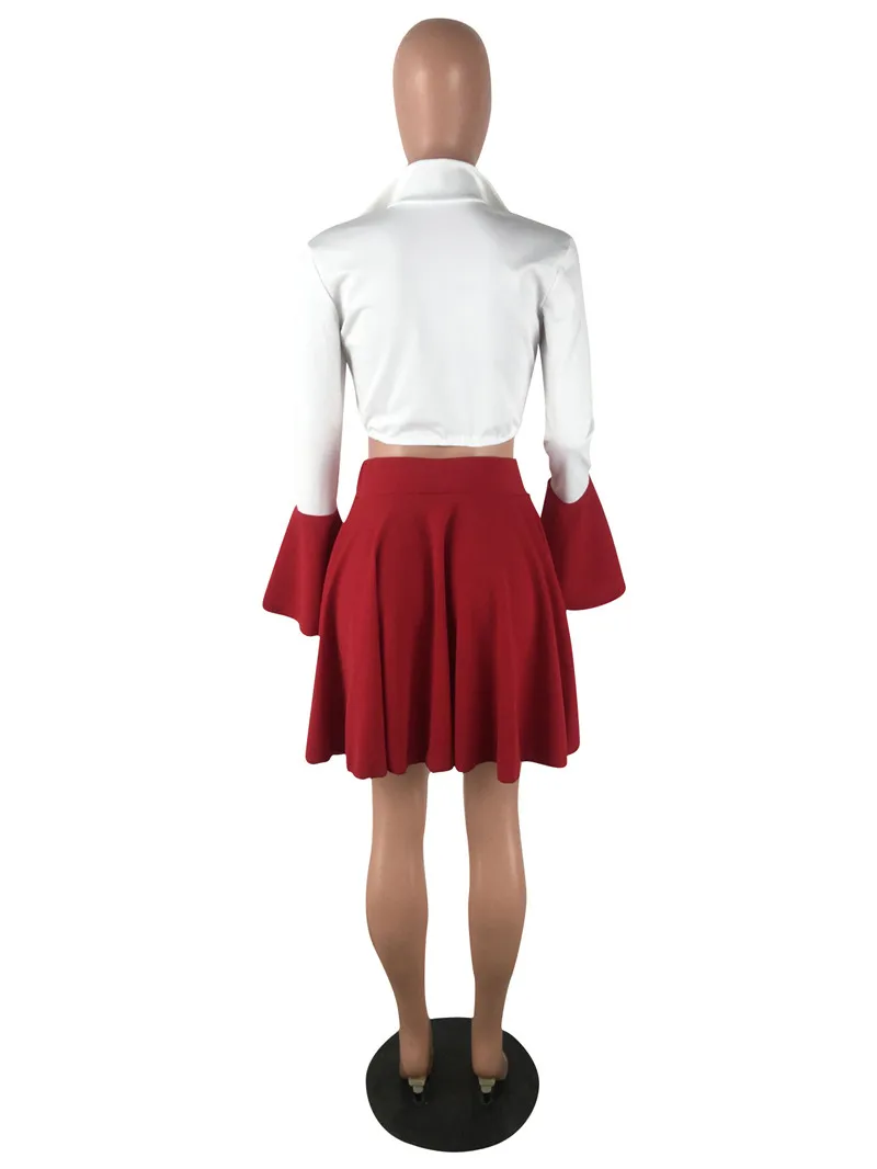 

Spring Autumn Tracksuit Women 2 Two Piece Set Solid Flare Full Sleeve Zipper Crop Top And Pleated Mini Skirt Suits Sexy Clothing