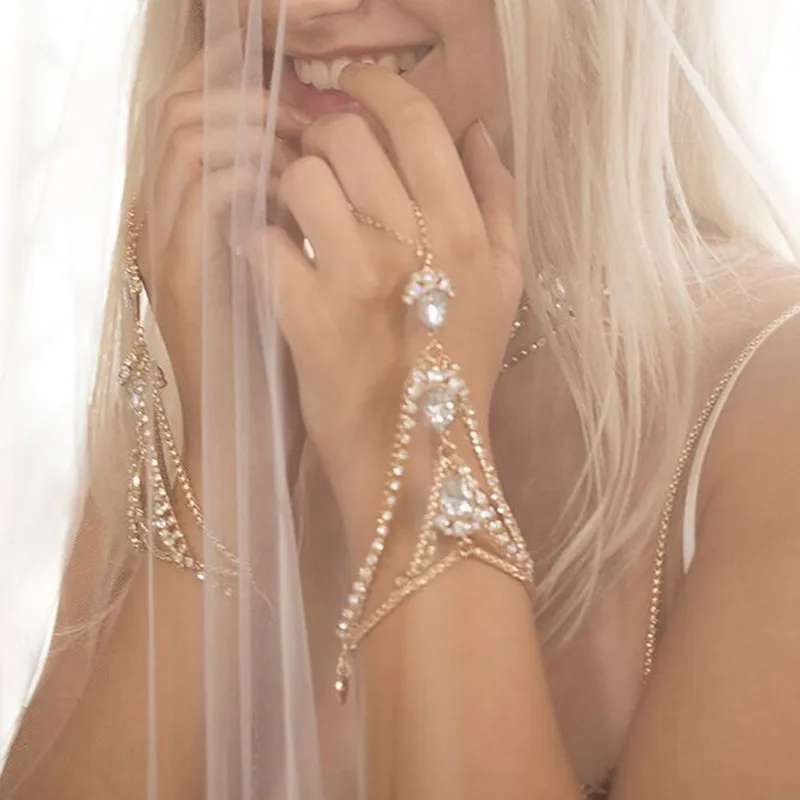 Роскошный браслет цепочка с кристаллами Свадебный перстень браслетом набор