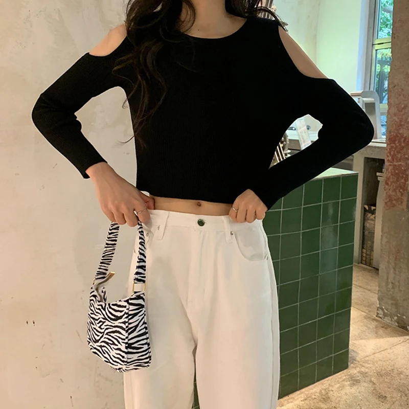 Женский дизайнерский короткий облегающий вязаный маленький свитер с открытыми