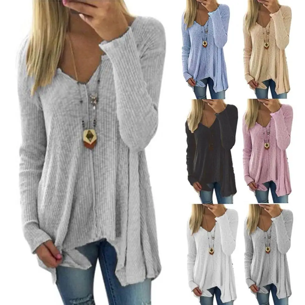 

Lady Casual Autumn Winter Sweater Solid Color Knitted V Neck Long Sleeve Sweater Irregular Loose Pullover Sweater pull femme