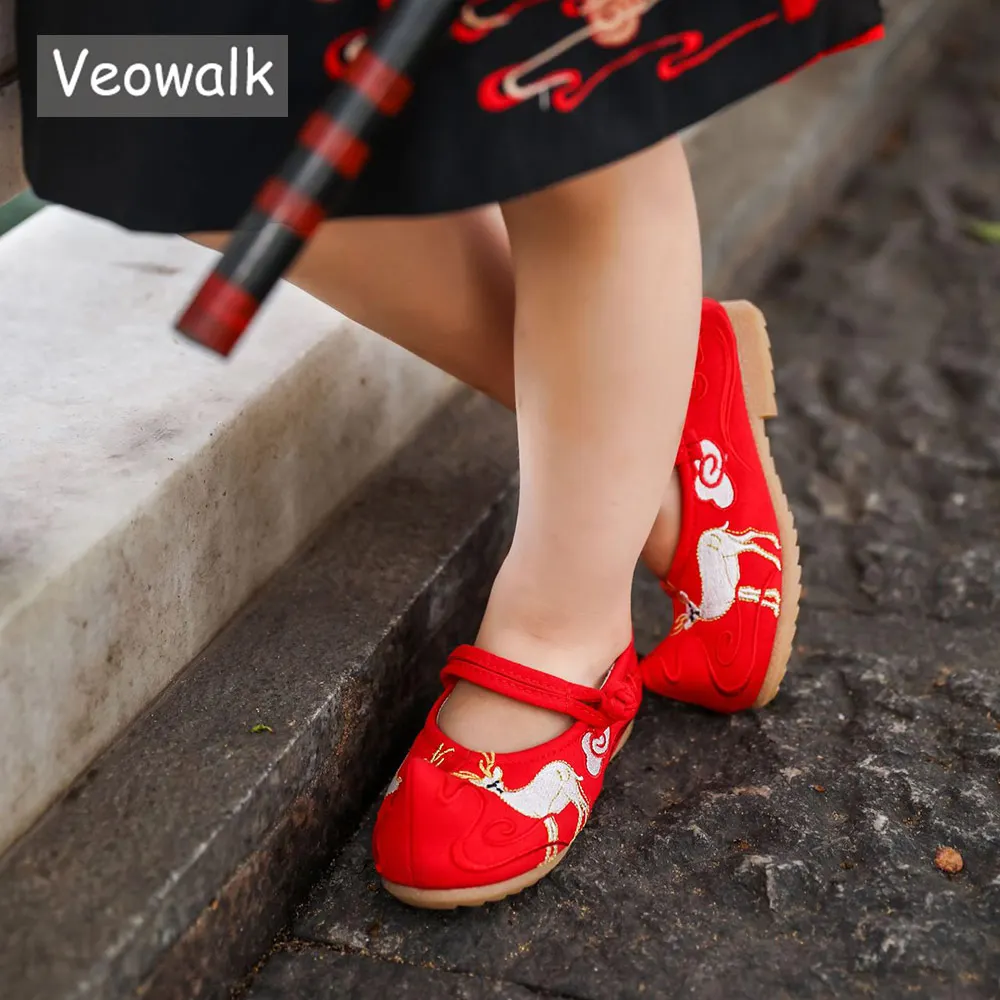 

Детские хлопковые балетки Veowalk, с острым носком, на плоской подошве, с вышивкой оленя, милые плоские туфли год, От 1 до 14 лет