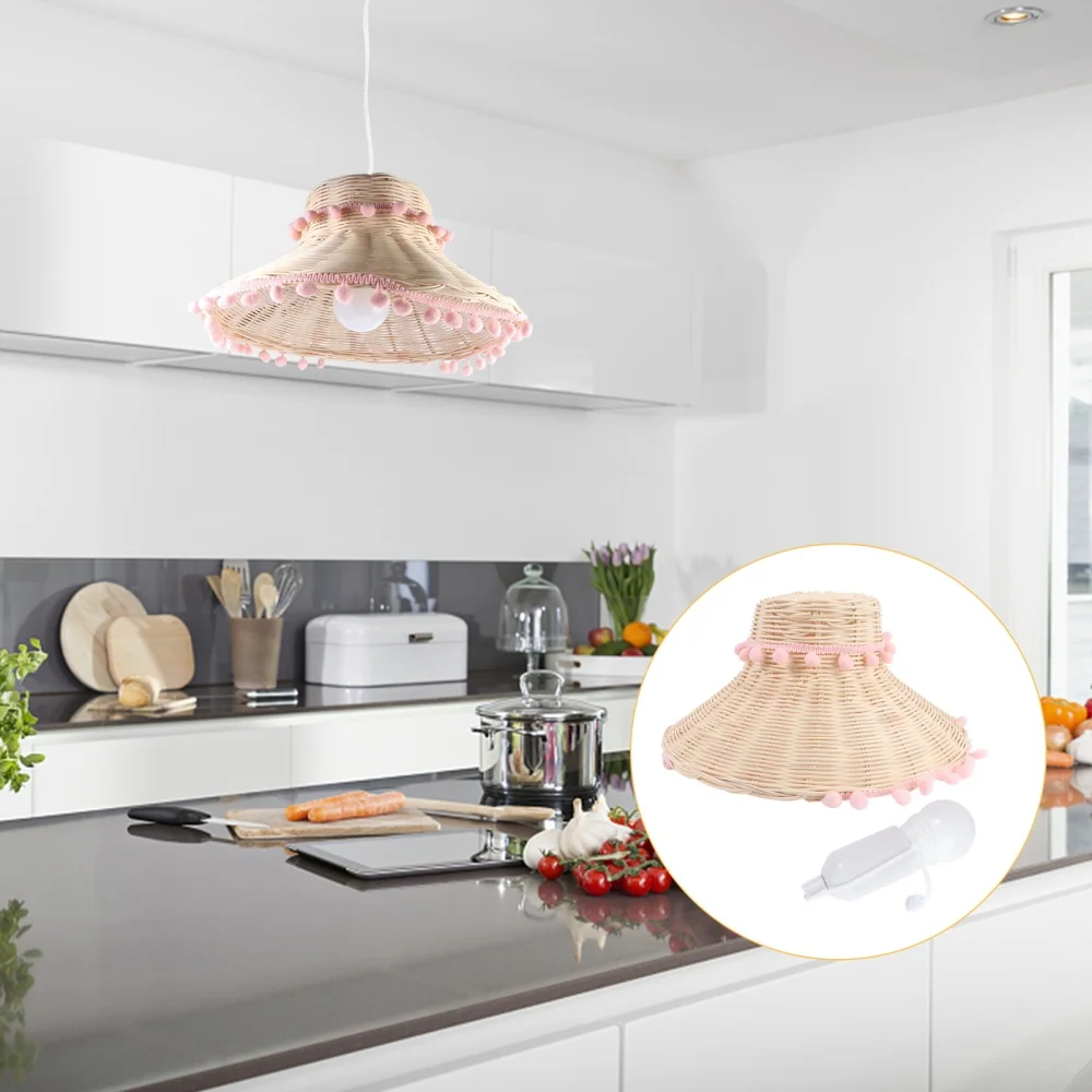 

1pc Rural Rattan Lampshade Weaving Hanging Lamp Lampshade with Light Source