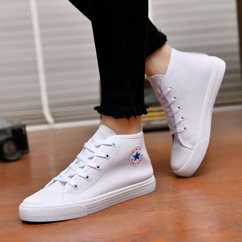 Женская парусиновая обувь с высоким берцем Дышащая женская повседневная Белые