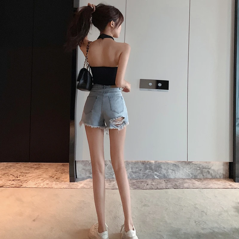 

Summer 2021 New Hong Kong Style Sexy Inspirational Design Ripped Hollow-out Hot Hip Pants High Waist Shorts Hyun-Ah Jeans Women