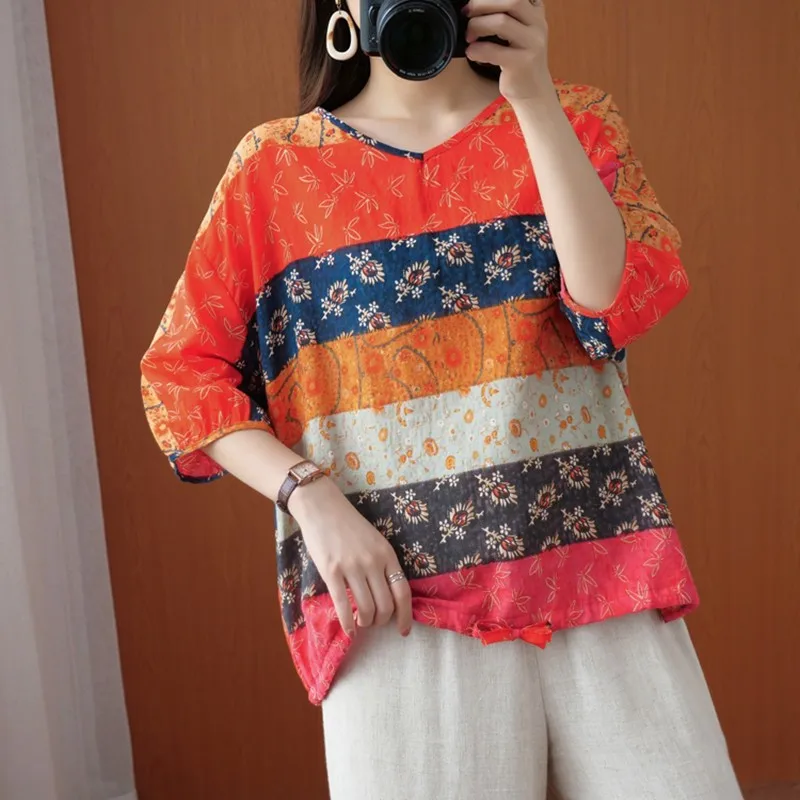 

Women Summer Cotton Linen Casual T-shirts New Arrival 2021 Vintage Style V-neck Print Loose Female Half Sleeve Tops Tees B321