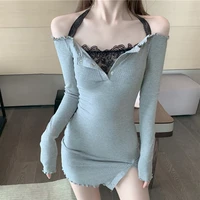 summer womens ribbed dress 2022 sexy lace button v neck female mini dresses off shoulder long sleeve y2k party skinny robe