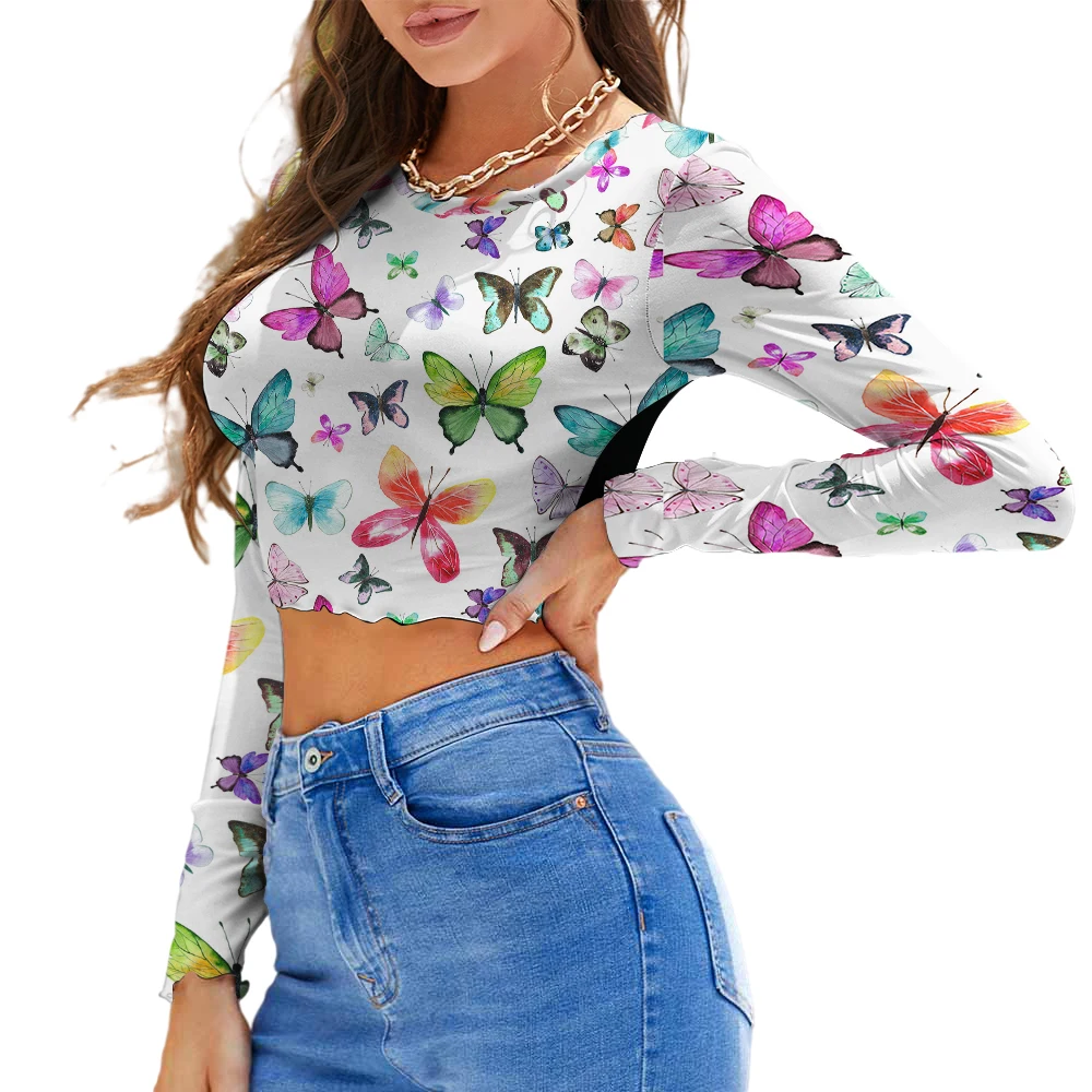 

Women's Long Sleeve O-Neck Short Top Irregular Casual Harajuku Street Top US Dollar Print Sexy Tight T-shirt Y2K