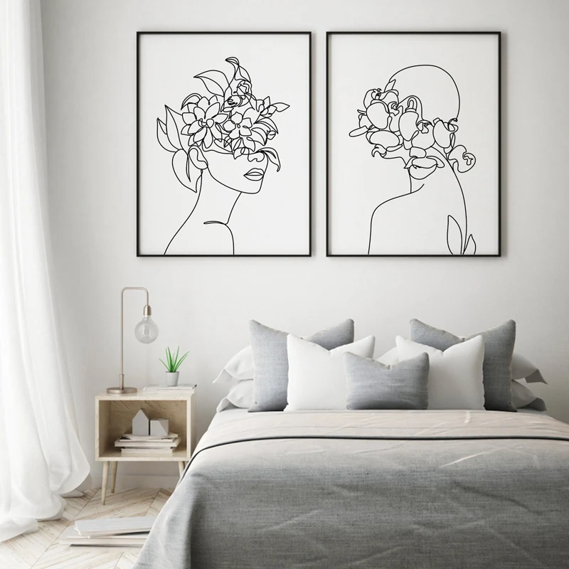 Линия искусства женщины с головой цветы художественный принт Современный