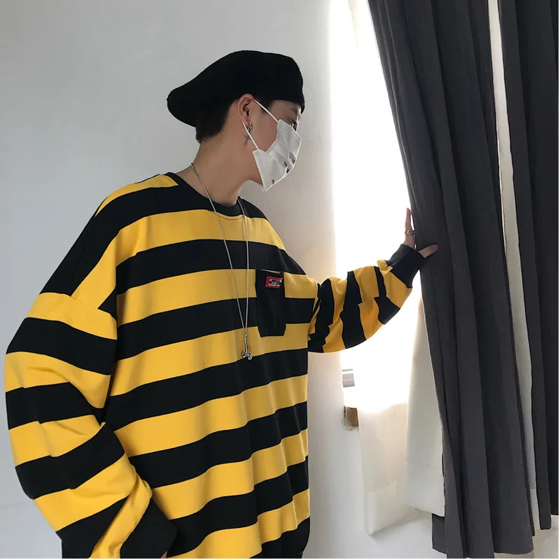 2019 Spring And Autumn New Contrast Color Striped Stitching Loose Sweatshirt Casual Pullover Navy Blue Yellow / Army Green | Мужская