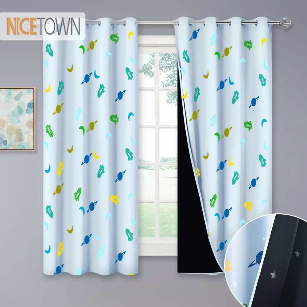 NICETOWN, Затемненные детские шторы, 2 слоя, космическая ракета, планета, луна, с принтом, для спальни, детские шторы с мерцающими звездами, с подстежкой